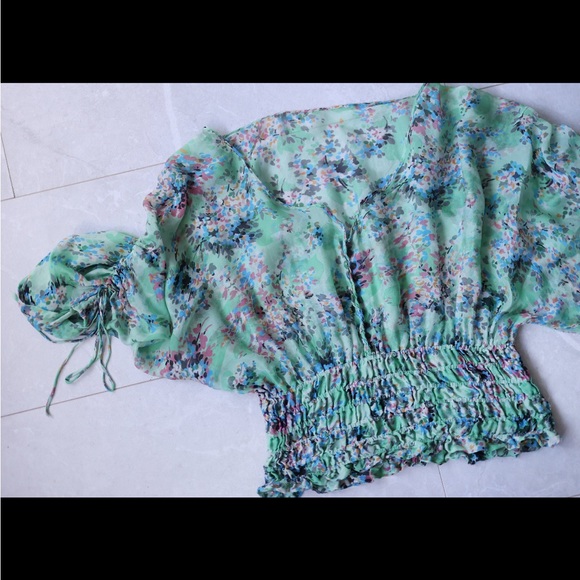 Vintage floral green semi sheer silk wide sleeve blouse top - Picture 2 of 7